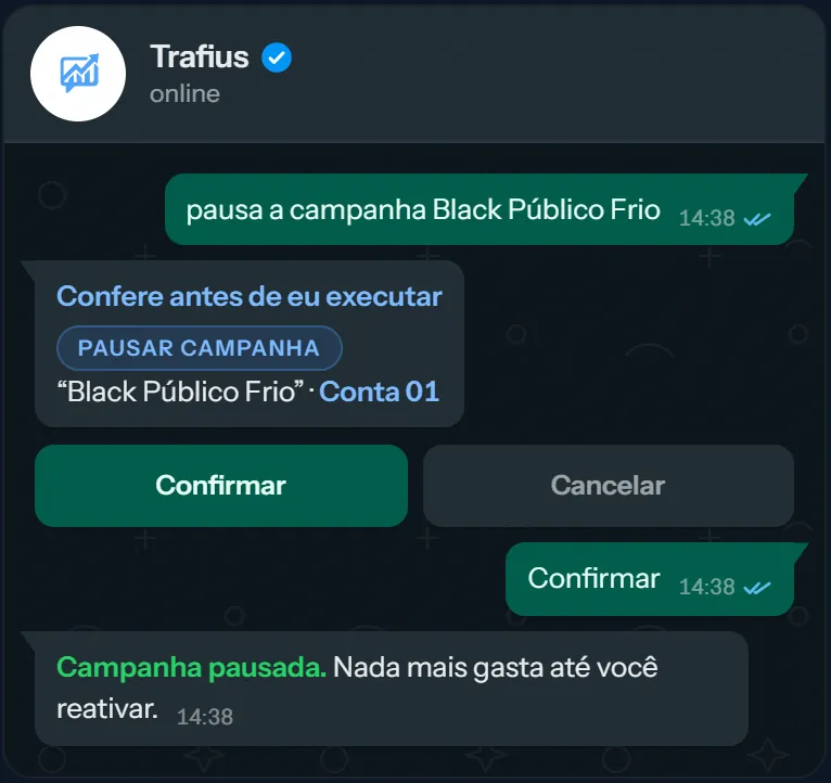 Pedido para pausar uma campanha com os botões Confirmar e Cancelar